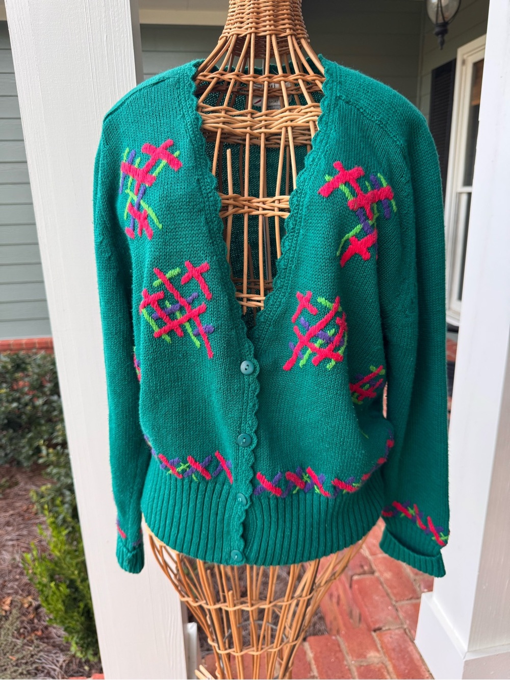Vintage 1992 SML Sport Teal Embroidered Cardigan Sweater Ramie Cotton M